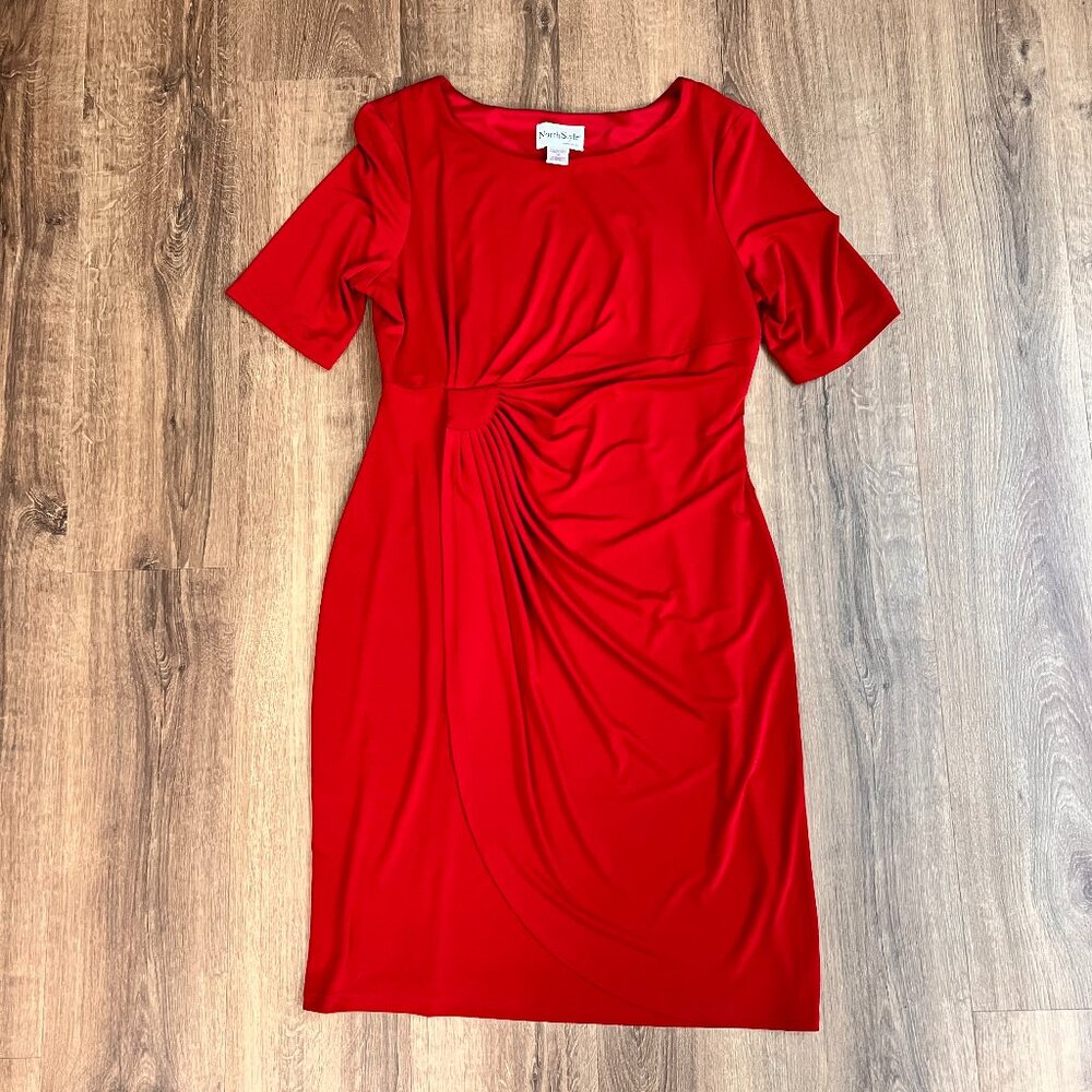 North Style Red Rouched Cinch Waist Dress Sz 16 - Picture 2 of 9